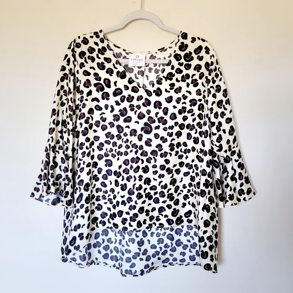 La Roque Original Animal Print 3/4 Bell Sleeve‎ Silk V-Neck Shirt Top